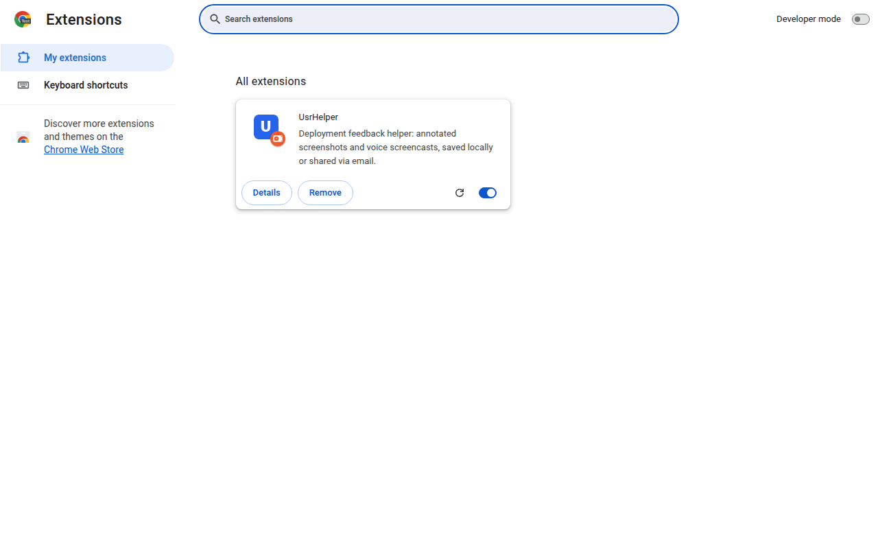 chrome://extensions page with the extension loaded