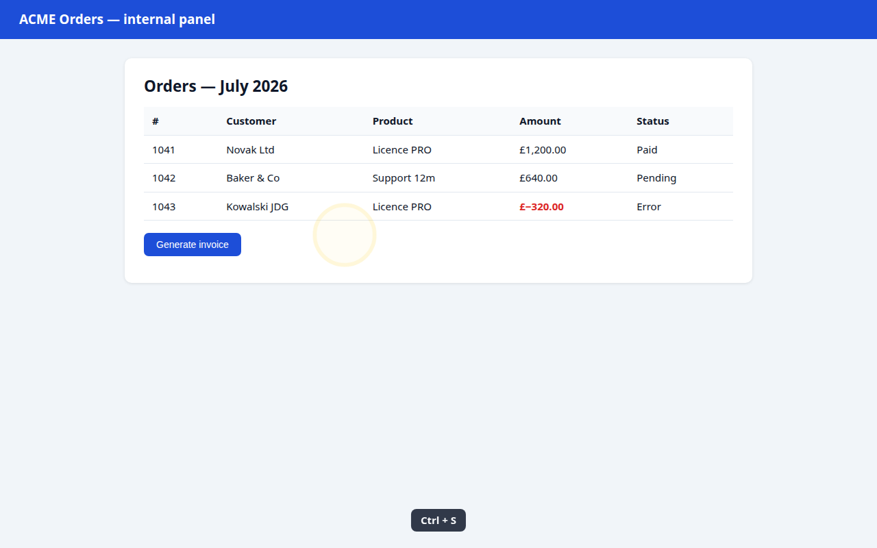 A page during recording — click ripple and key caption