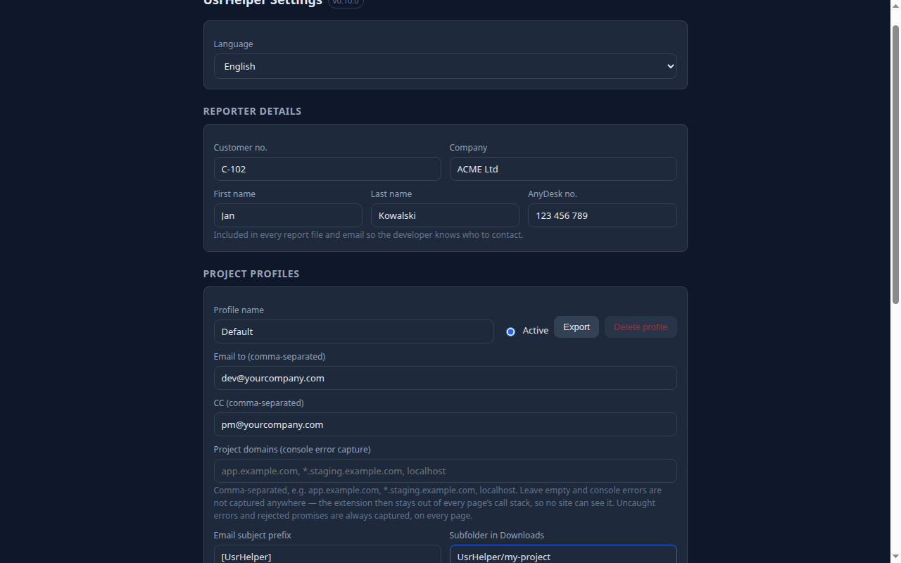 Settings page